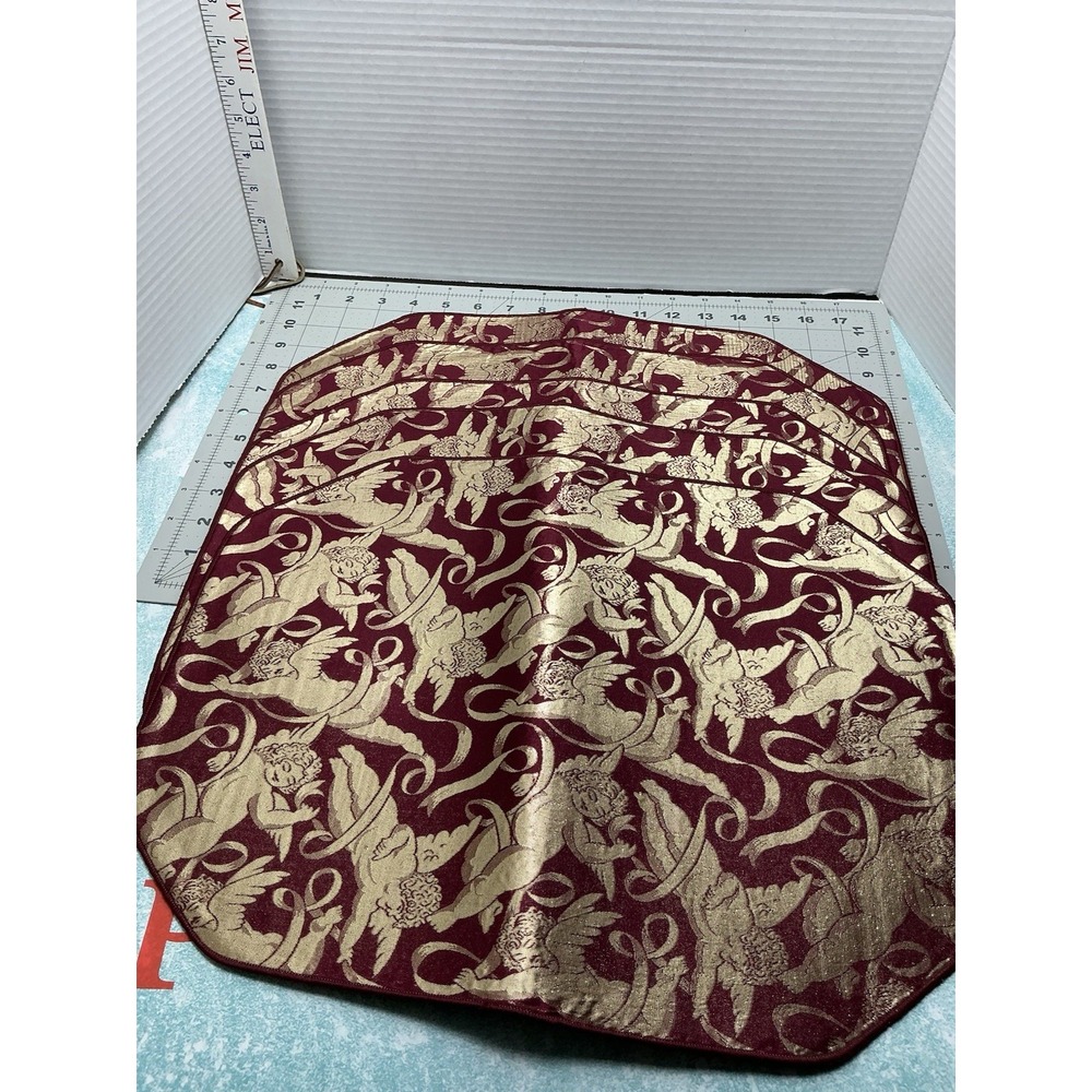 Gold Print ‎ Floating Cherub Angels -Placemats Set of 6 Maroon Cotton